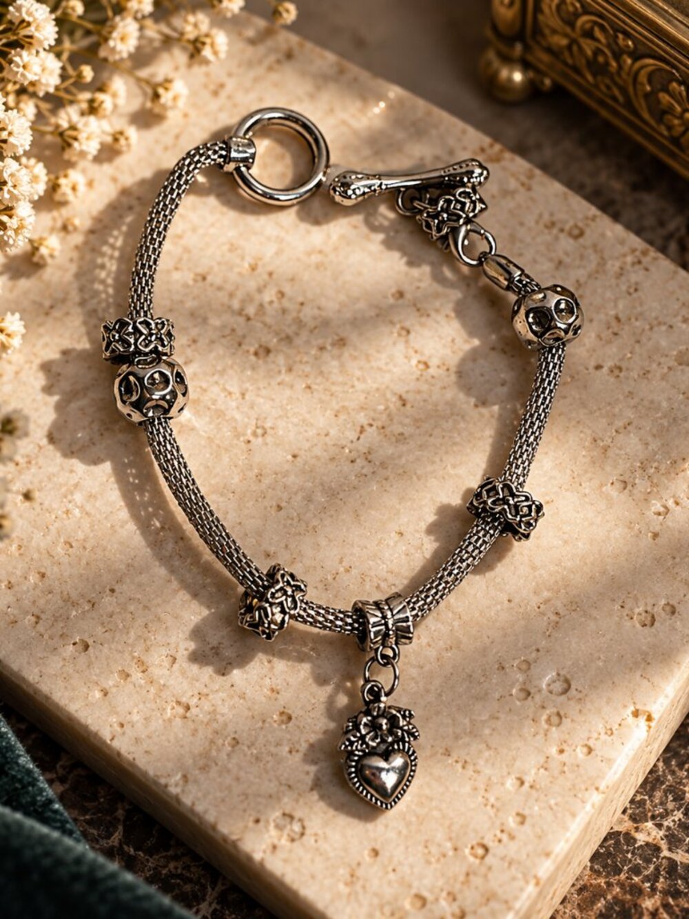 Vintage Silver Tone Mesh Charm Bracelet | Sacred Heart Pendant Toggle Clasp